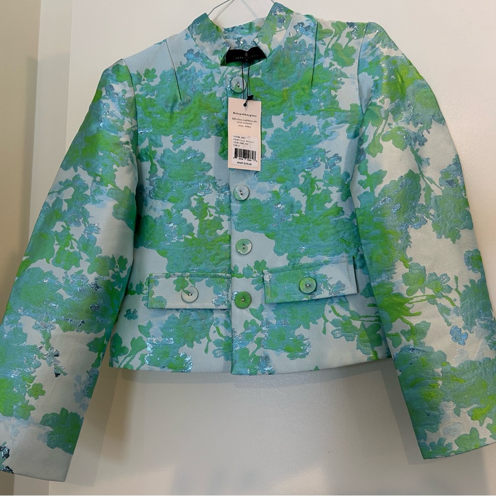 Beautiful! Abbey Glass Cropped Mandarin Collar Onassis Jacket: Green Abstract